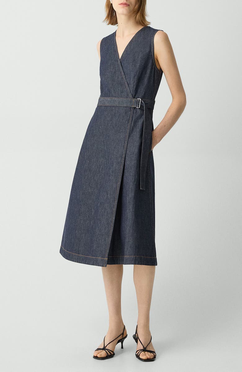 Theory Sleeveless Belted Chambray Wrap Dress, Main, color, Indigo