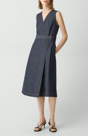 Theory Sleeveless Belted Chambray Wrap Dress In Purple