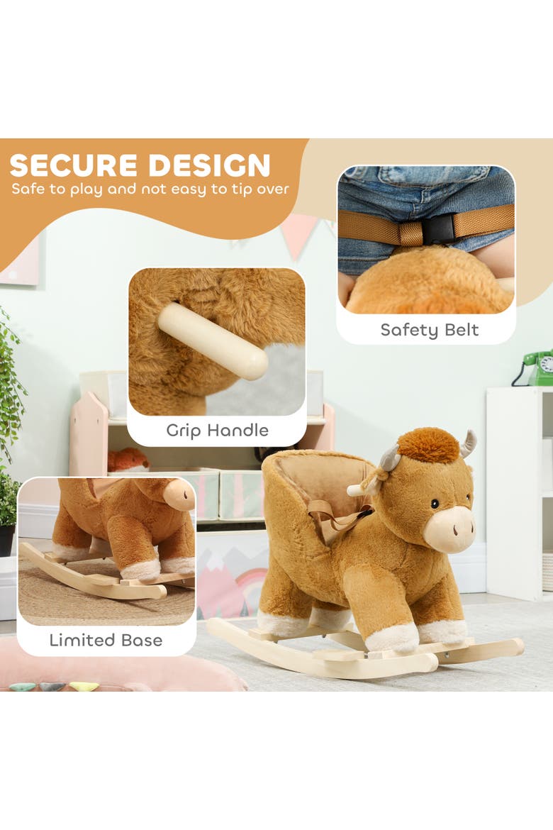 Baby Rocking Horse with Cute Cow Stuffed Plush, Music, Safety Belt, Cow Wooden Rocking Horse for Boys and Girls Aged 1-3 Years, Brown, Alternate, color, brown