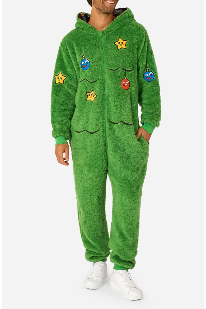 Merry Jinglejoy Hooded Fleece Jumpsuit, Main, color, GREEN