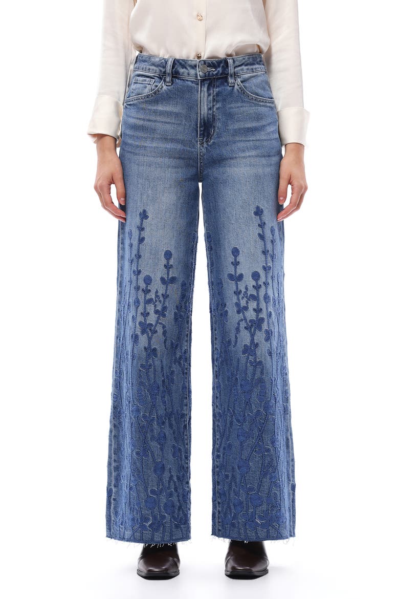 Embroidered High Waist Wide Leg Jeans, Main, color, MEDIUM BLUE