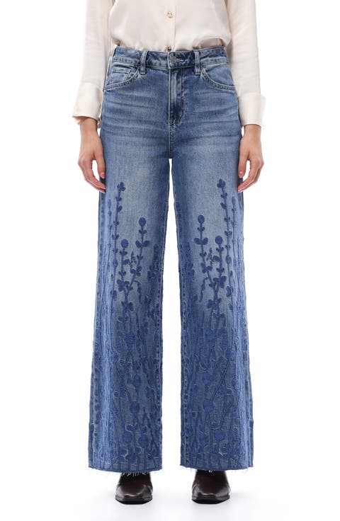Embroidered High Waist Wide Leg Jeans