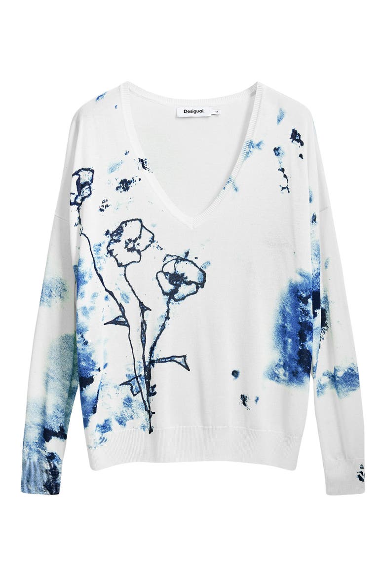 Floral V-Neck Sweater, Alternate, color, WHITE/ BLUE MULTI