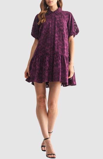 Mila Mae Puff Sleeve Burnout Shirtdress In Purple