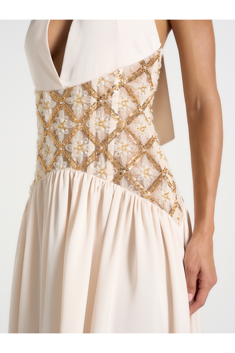 Ava Halterneck Embellished Corset Gathered Maxi Dress, Alternate, color, Cream