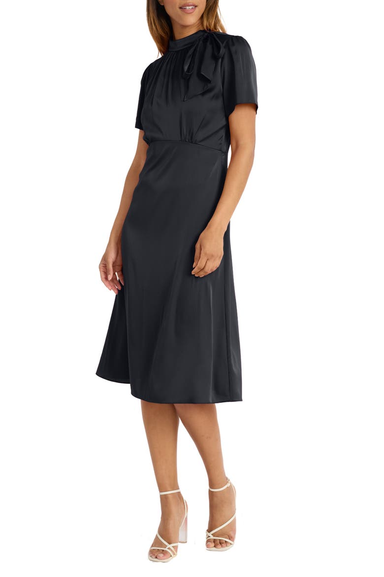 Tie Neck Short Sleeve Charmeuse Midi Dress, Alternate, color, BLACK