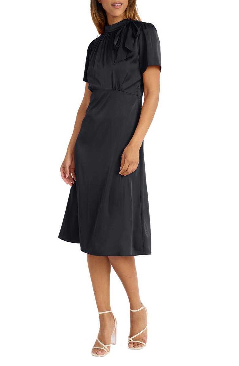 Maggy London Tie Neck Short Sleeve Charmeuse Midi Dress, Alternate, color, Black