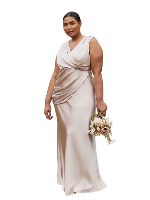 Six Stories Plunge Drape Satin Bridesmaid Dress In Brown