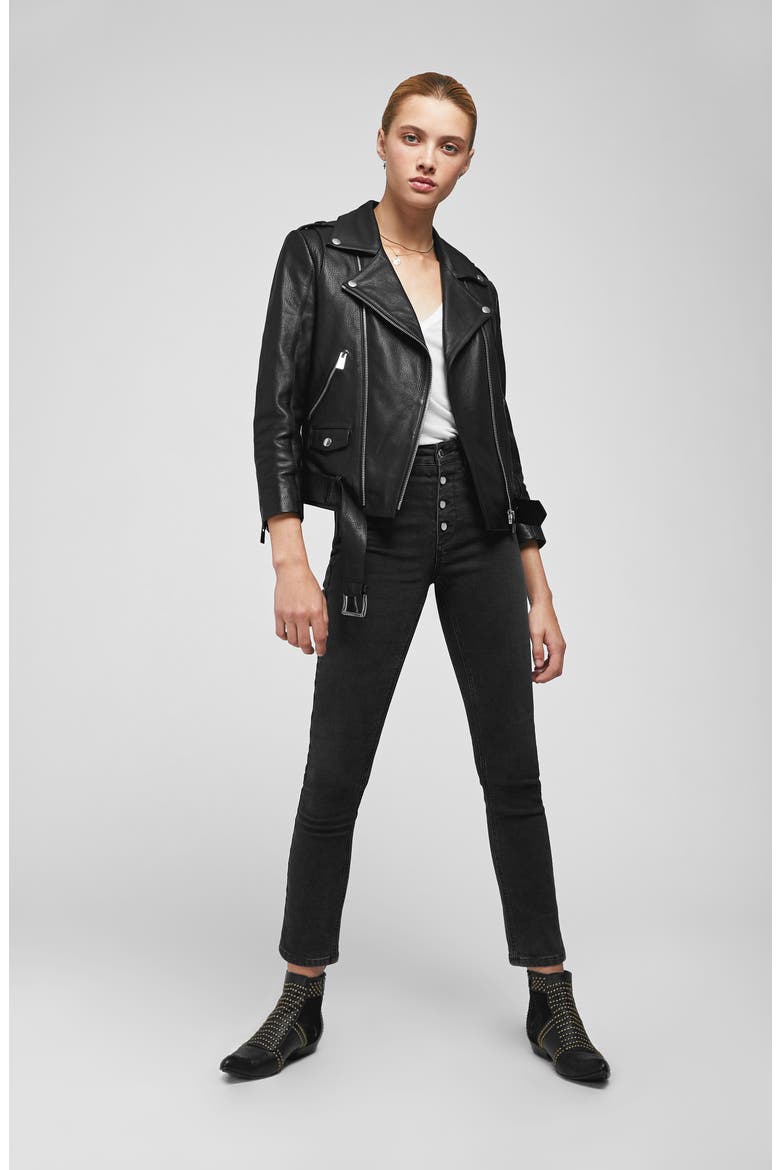 Cropped Leather Moto Jacket, Alternate, color, BLACK