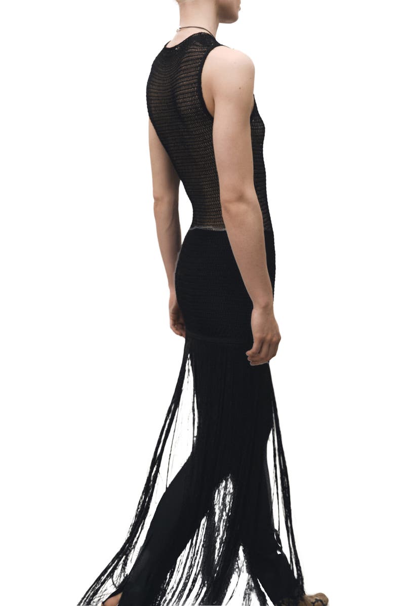 MANGO Fringe Sleeveless Mesh Maxi Dress, Alternate, color, Black