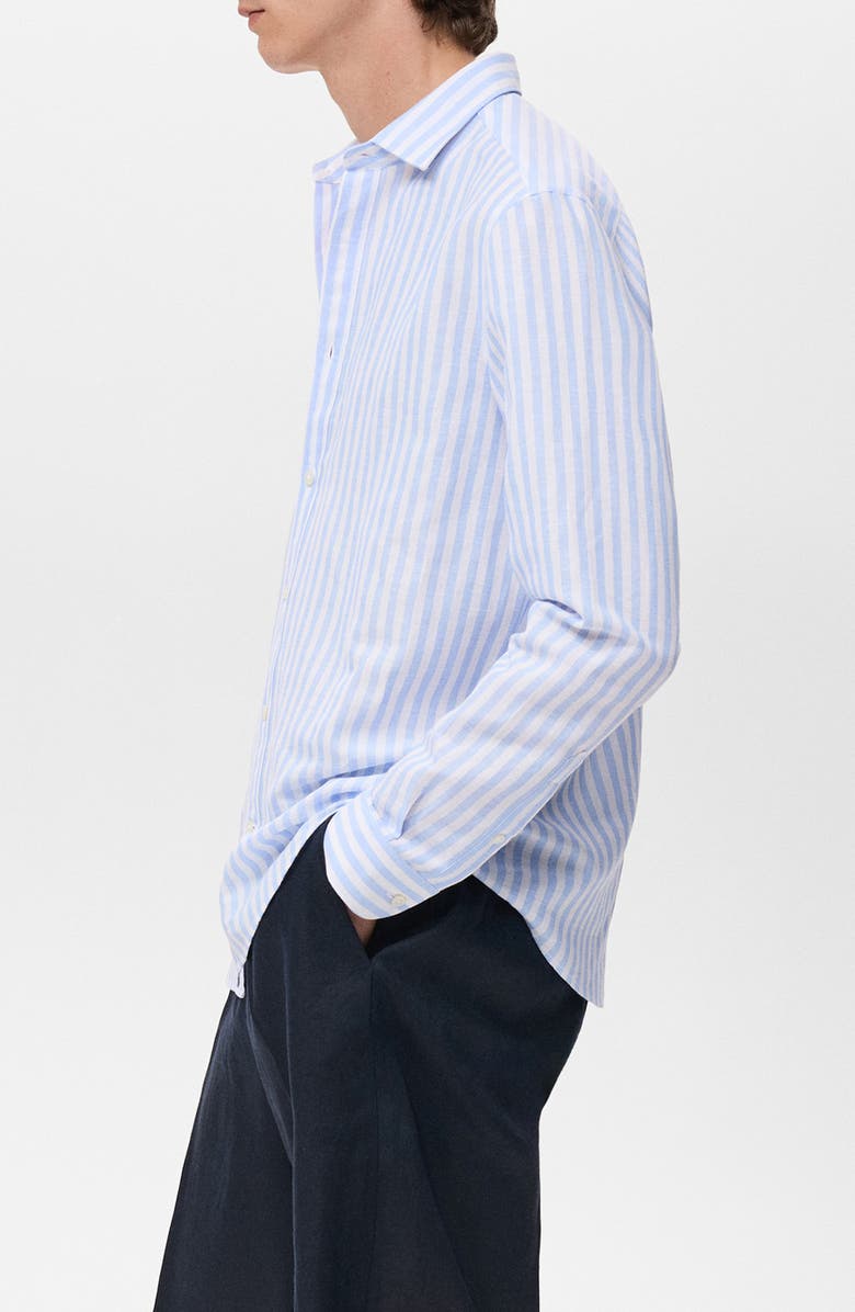 MANGO Regular Fit Stripe Slub Linen & Cotton Button-Up Shirt, Alternate, color, Blue
