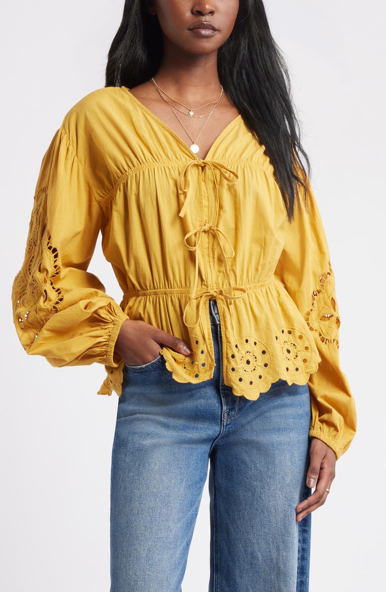 Treasure 
Bond Long Sleeve Cotton Eyelet Top, Main, color, Yellow Myth