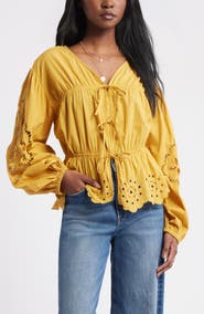 Treasure & Bond Long Sleeve Cotton Eyelet Top
