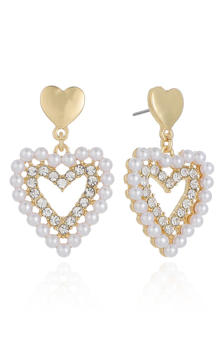 Ettika Faux Pearl & Cubic Zirconia Heart Drop Earrings, Alternate, color, Gold