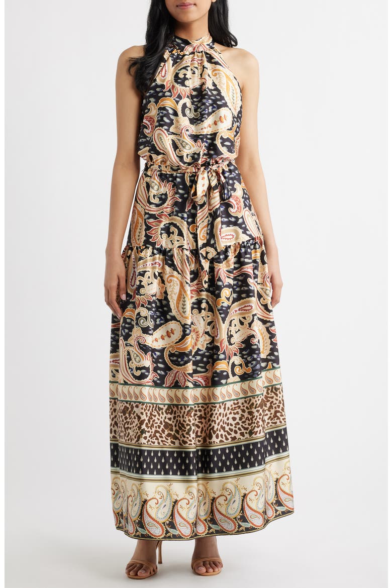 Paisley Print Stretch Satin Maxi Dress, Main, color, BLACK MULTI