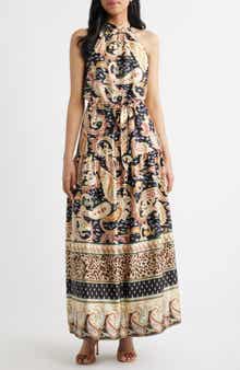 Paisley Print Stretch Satin Maxi Dress