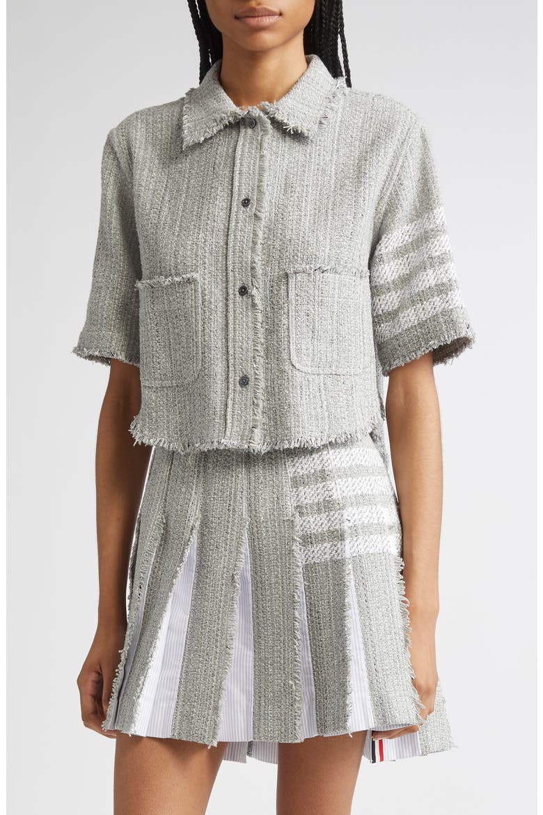 4-Bar Short Sleeve Eyelash Tweed Crop Shirt Jacket, Main, color, MEDIUM GREY