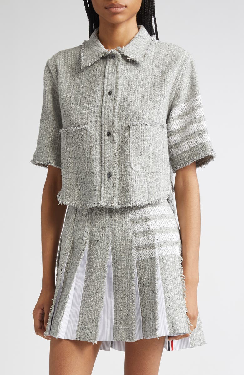 Thom Browne 4-Bar Short Sleeve Eyelash Tweed Crop Shirt Jacket, Main, color, Medium Grey