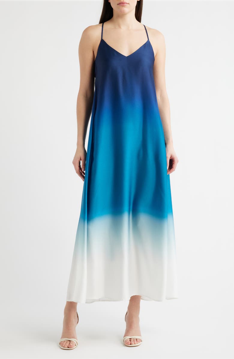 Tahari ASL Print Pocket Sleeveless Maxi Dress, Main, color, Blue Jewel Ombre