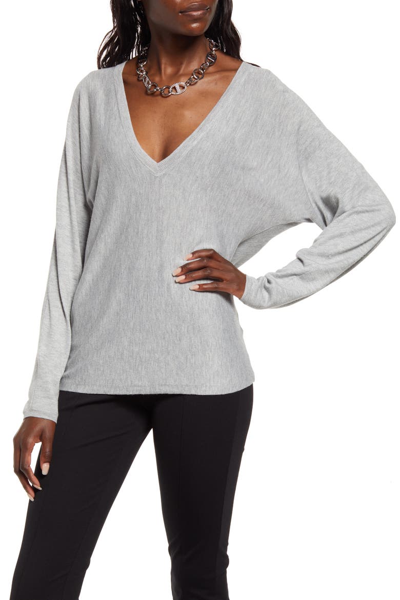 Semisheer V-Neck Dolman Sleeve Sweater, Main, color, GREY HEATHER