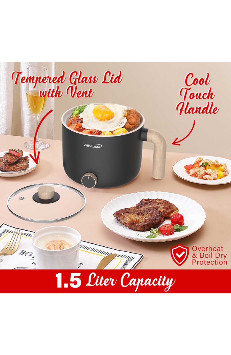 Brentwood Multi-Function Electric Hot Pot Cooker with Ceramic Non-Stick Ceramic Coating and Stainless-Steel Food Steamer, Alternate, color, Black