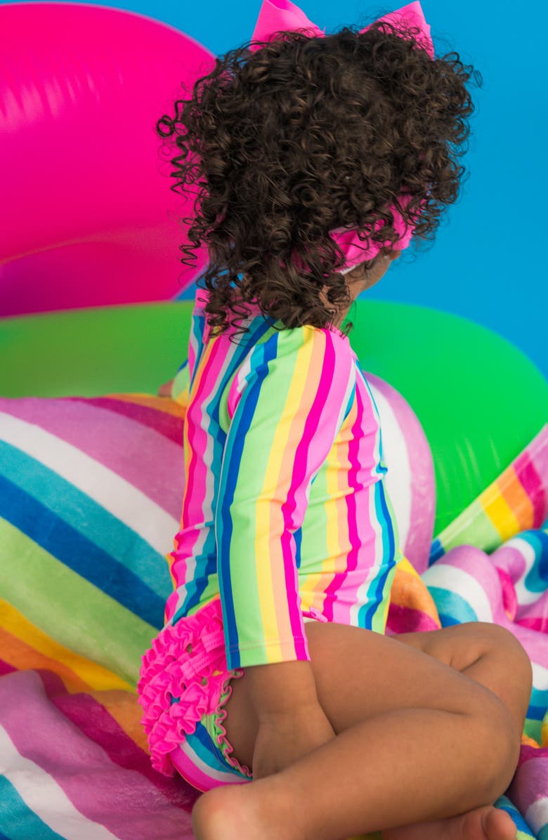 RuffleButts Kids' Seersucker One-Piece Rashguard Swimsuit, Alternate, color, Pink Multi