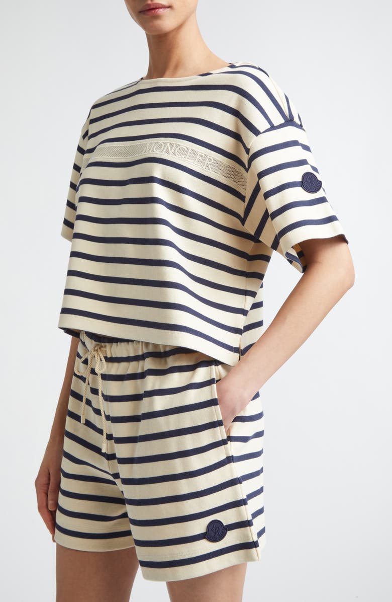 Moncler Nautical Stripe Ventilated Crop T-Shirt, Alternate, color, White/ Blue