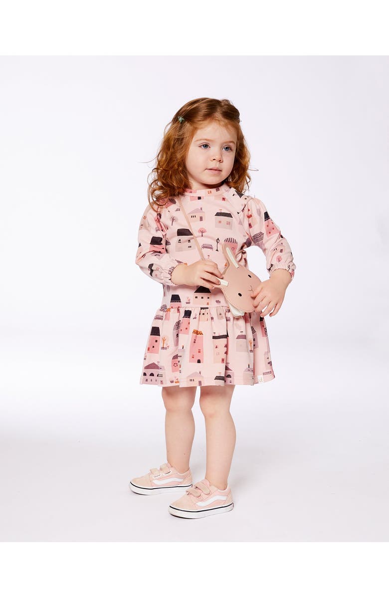 Deux par Deux Girl's Printed French Terry Dress Pink And Coral Houses, Alternate, color, 