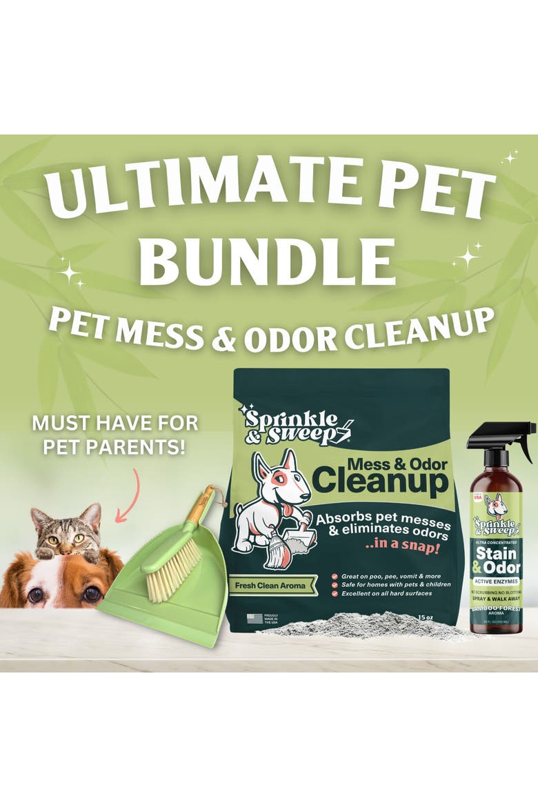 Pet Mess and Odor Cleanup Bundle, 15oz Bag, Broom, 24oz Spray, Alternate, color, Multicolored
