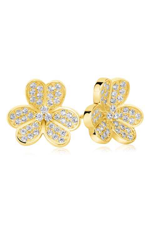 Sterling Silver CZ 3-Petal Flower Stud Earrings
