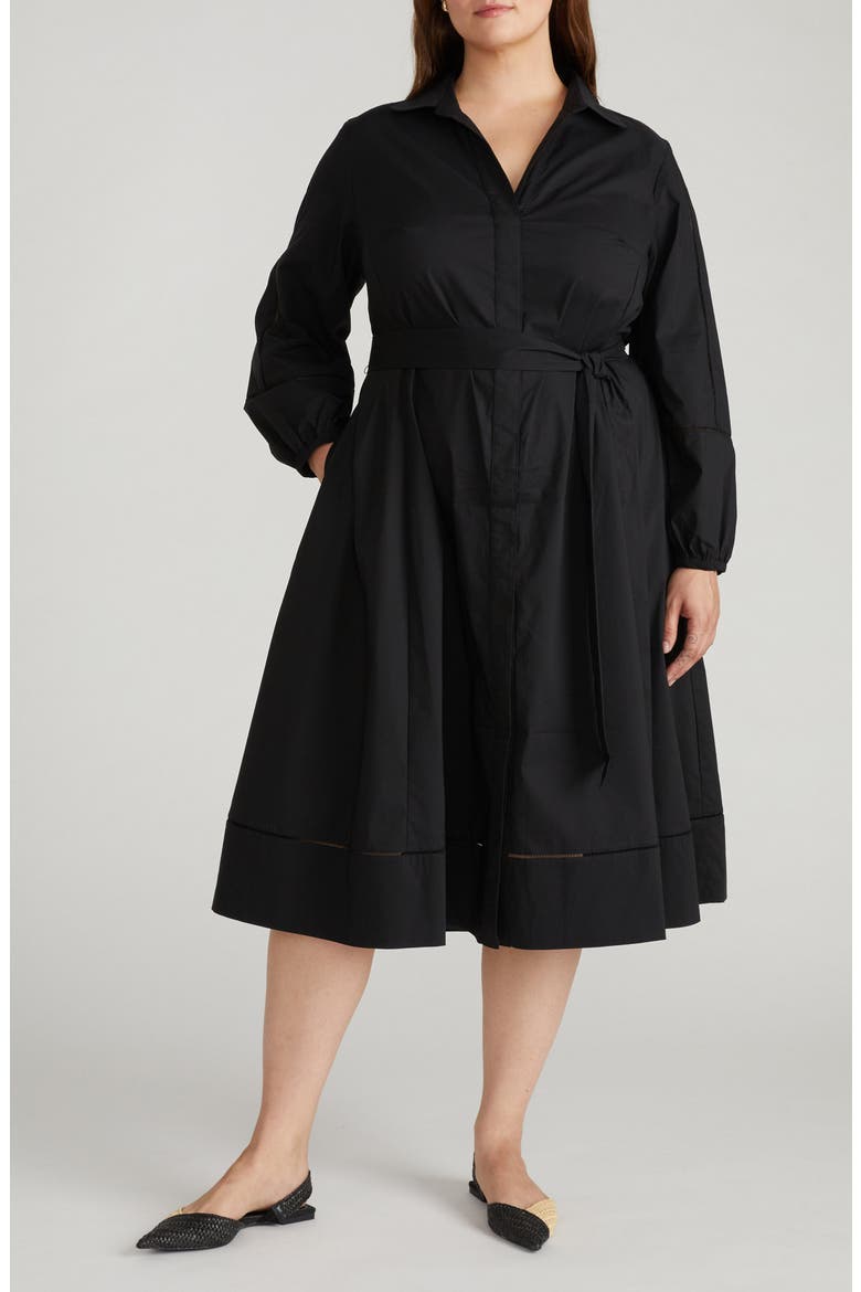 Yuli Long Sleeve Stretch Poplin Midi Dress, Main, color, BLACK