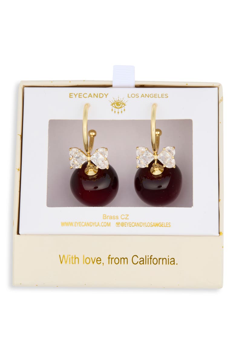 Cherry Bow Drop Huggie Earrings, Main, color, RED