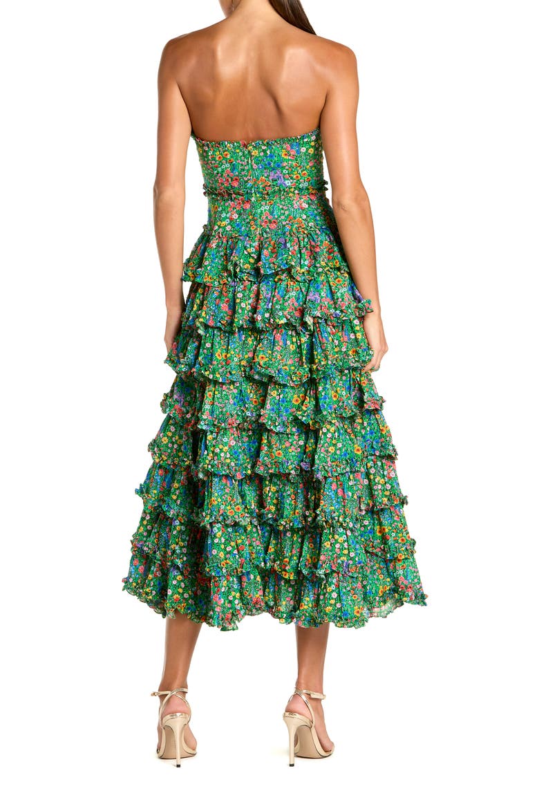 Floral Cotton Strapless Tiered Ruffle Midi Dress, Alternate, color, Green Multi