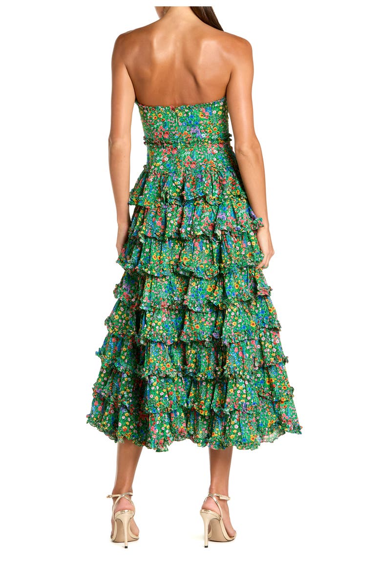 Mac Duggal Floral Cotton Strapless Tiered Ruffle Midi Dress, Alternate, color, Green Multi