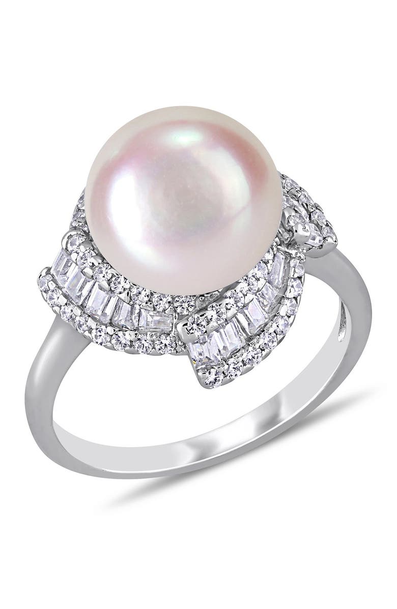 DELMAR Sterling Silver 10.5 -11mm Freshwater Cultured Pearl CZ Fashion Ring, Main, color,
