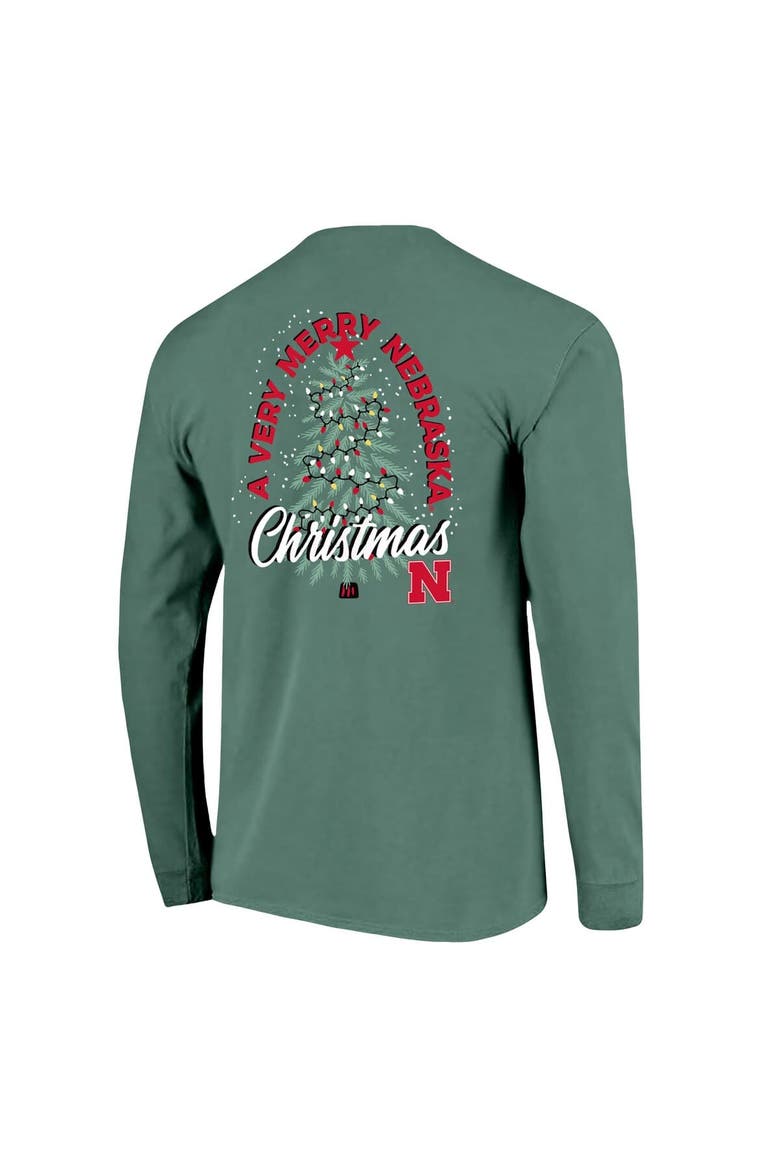 Men's  Green Nebraska Huskers Comfort Colors Merry Christmas Tree Long Sleeve T-Shirt, Alternate, color, Green