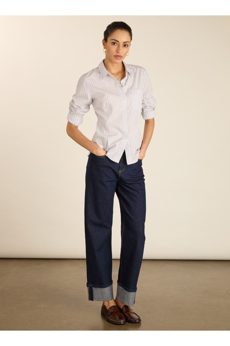 Nicola Cotton Stripe Shirt, Alternate, color, Blue, Brown & White Stripe
