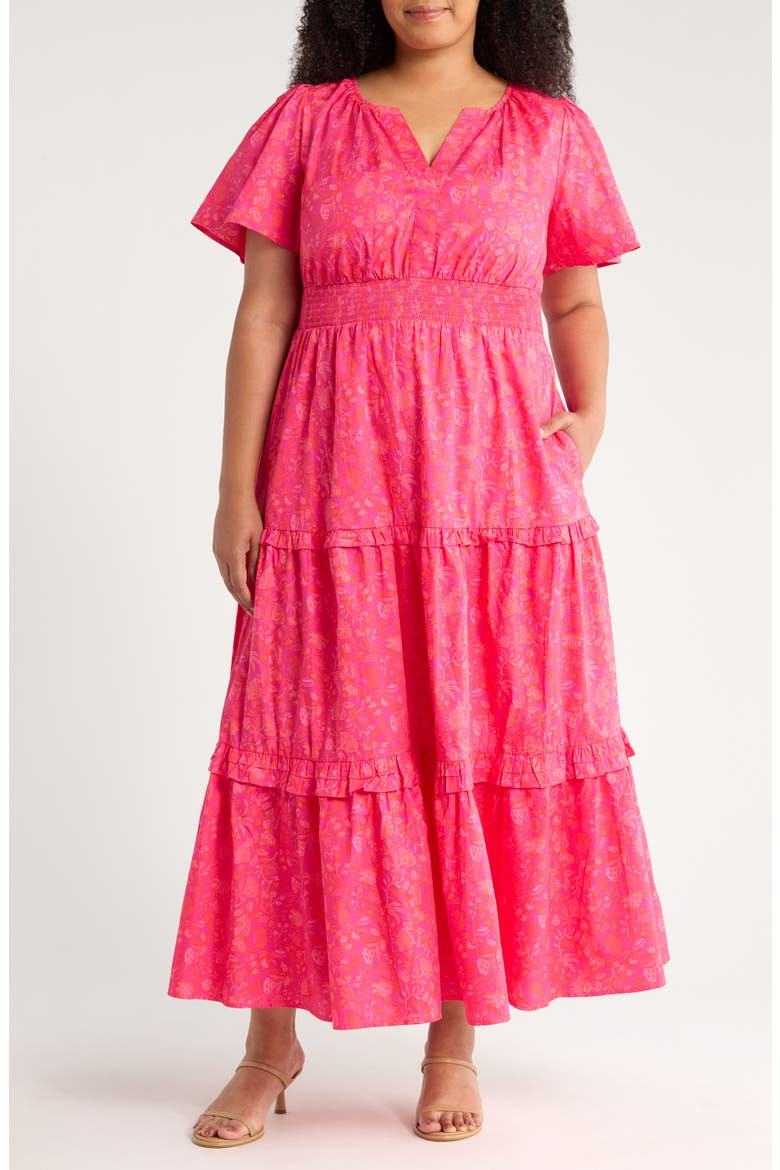 Cerise Floral Palmer Tiered Cotton Maxi Dress, Main, color, MAGENTA PINK