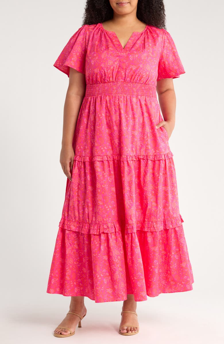 SUGARLIPS Cerise Floral Palmer Tiered Cotton Maxi Dress, Main, color, Magenta Pink