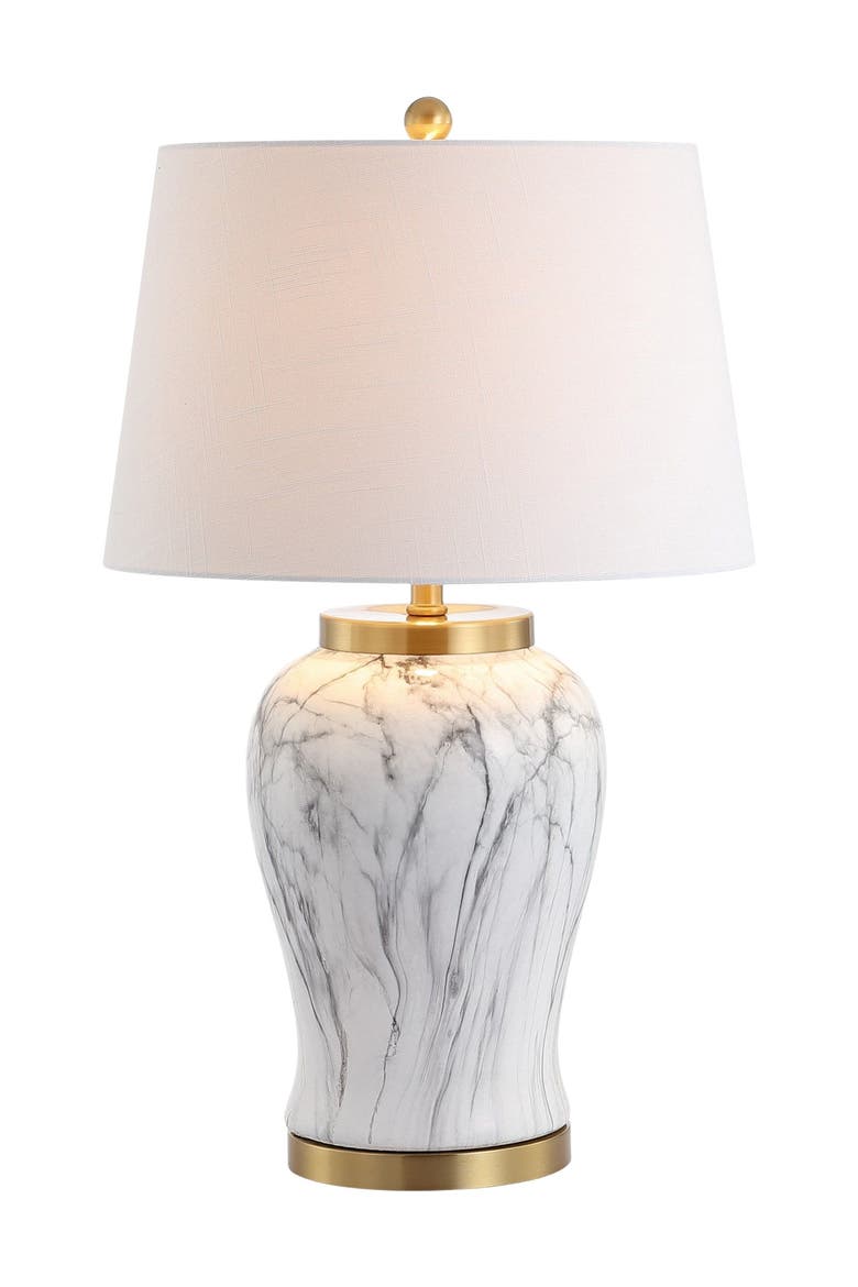 Prague 28" Ceramic Marble LED Table Lamp, White/Gold, Main, color, White
