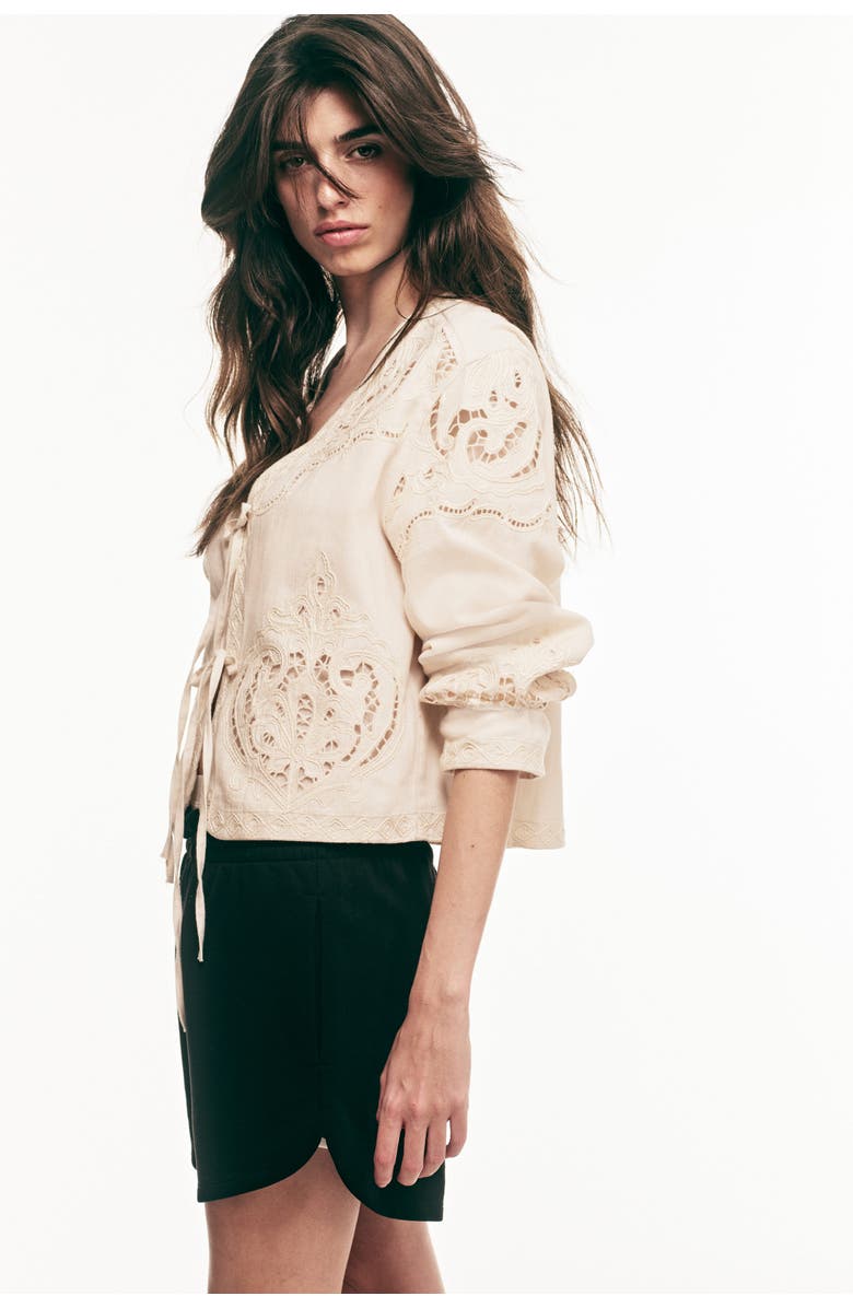 H&M Linen-blend eyelet-embroidered jacket, Alternate, color, Light Beige