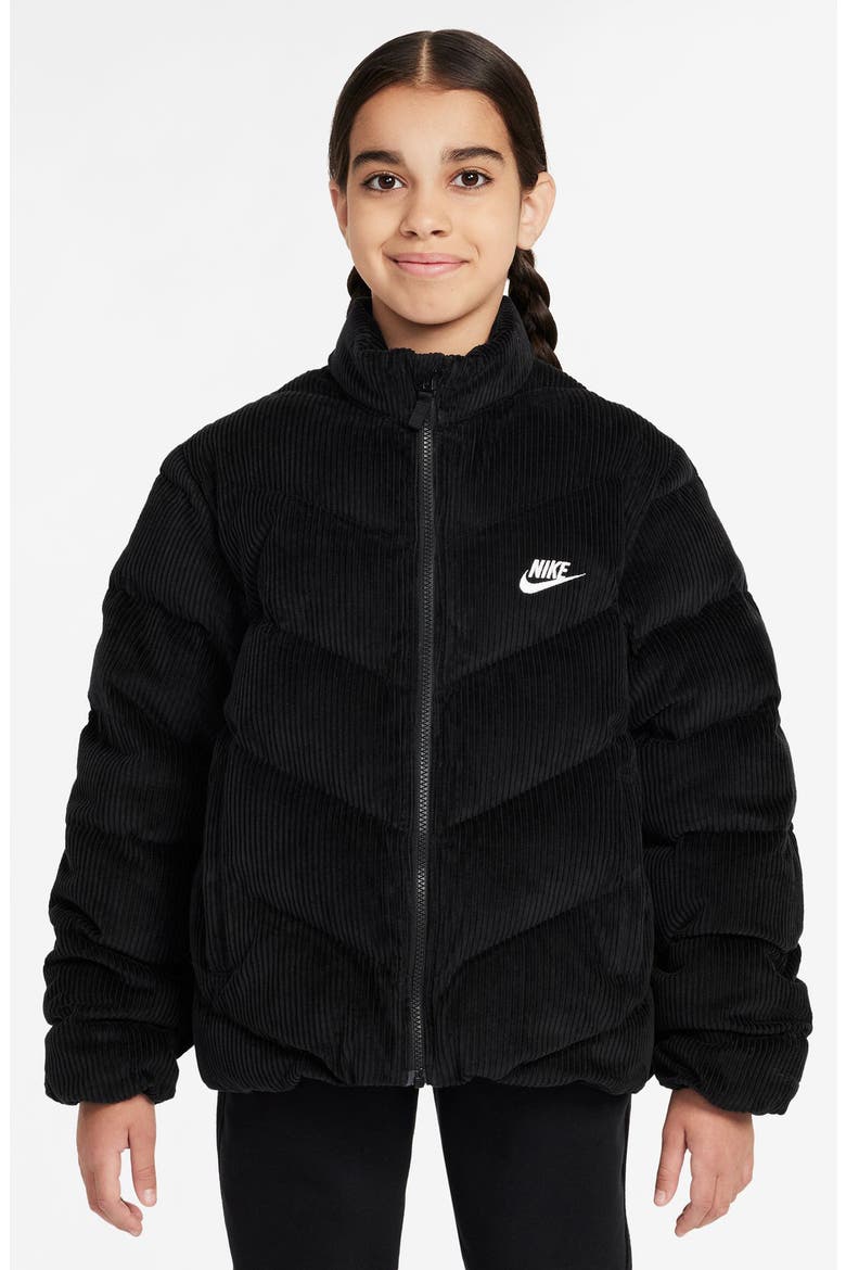 Kids' Swoosh Quilted Corduroy Puffer Jacket, Main, color, BLACK/ WHITE