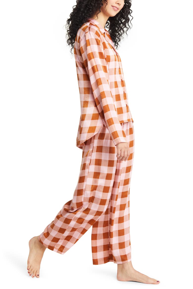 Satin Pajama Set, Alternate, color, BROWN BUCKTHORN SANDY PLAID