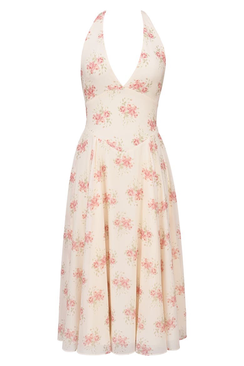 Solada Floral Halter Midi Dress, Alternate, color, IVORY VINTAGE ROSE PRINT