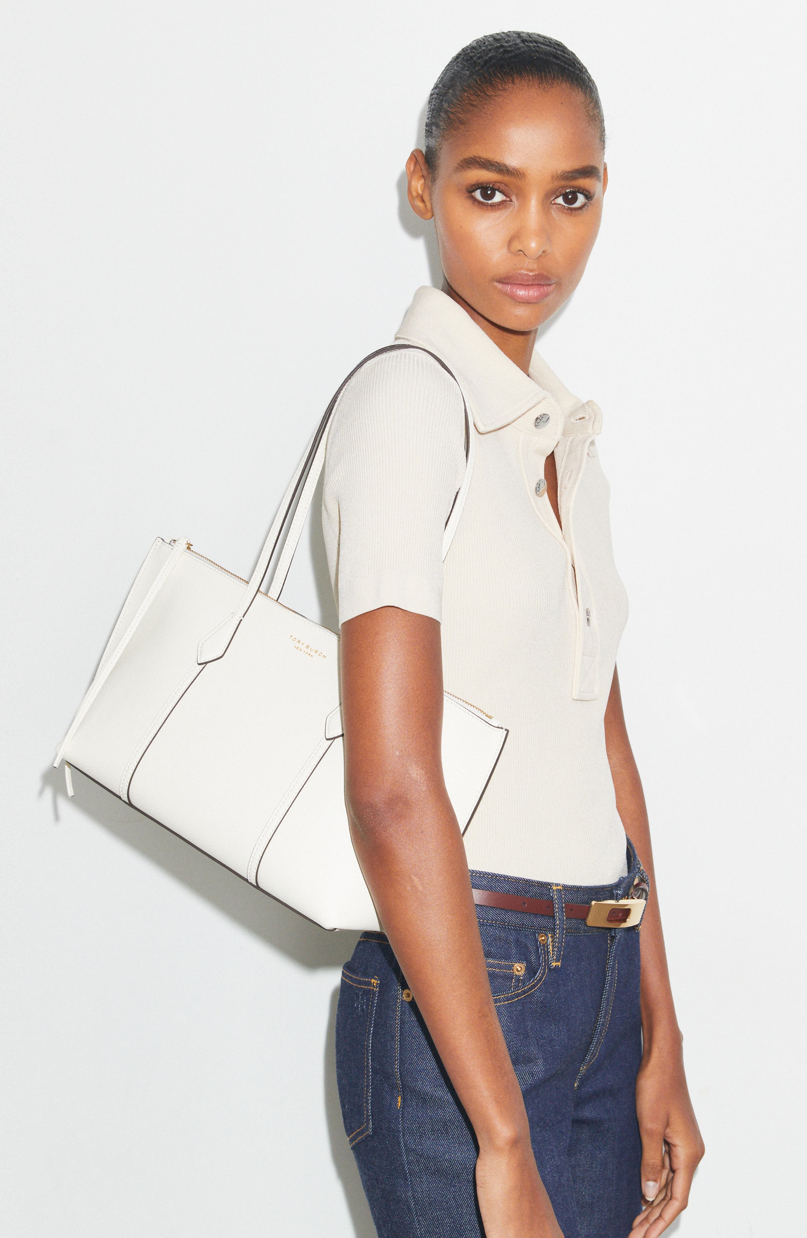 Tory Burch Small Perry Leather Zip Tote, Alternate, color, Warm White