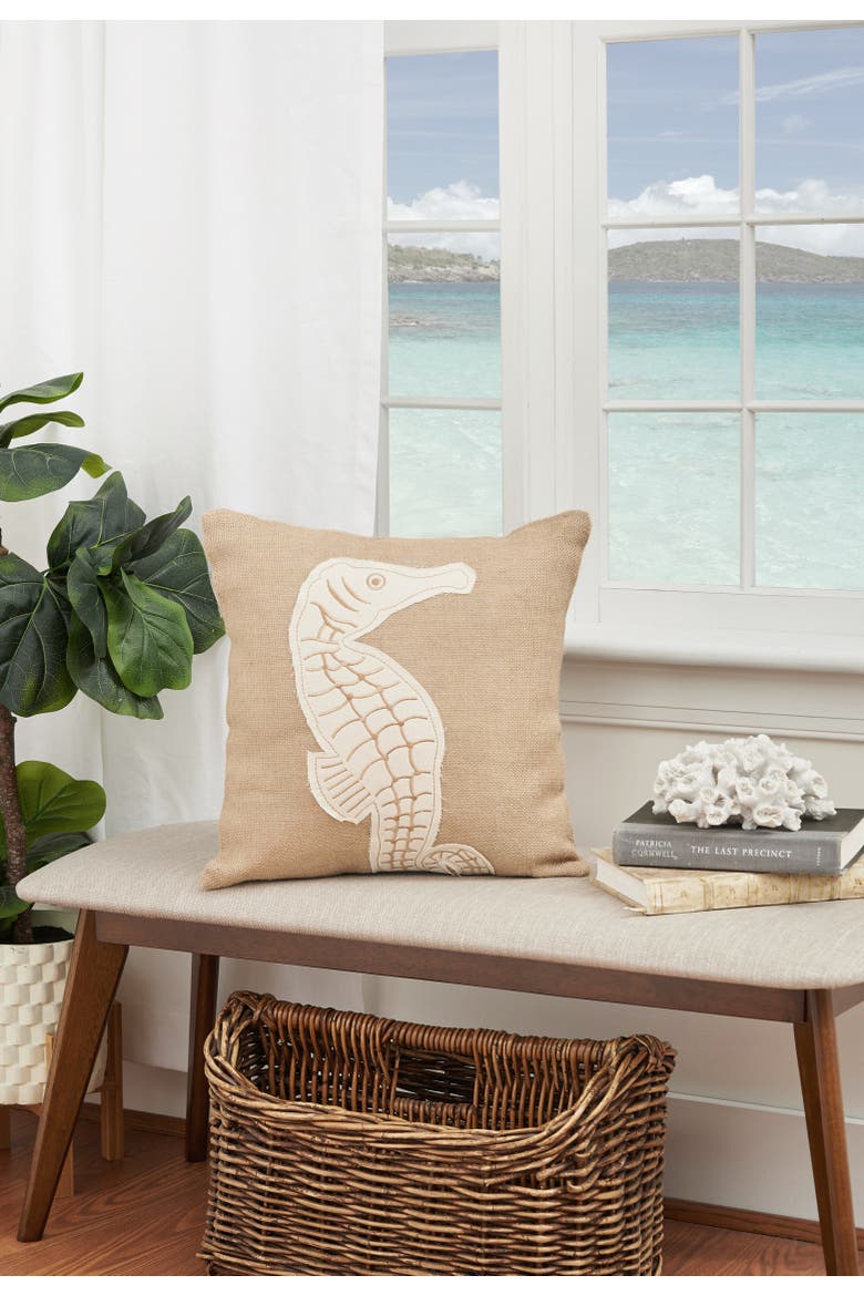 Seahorse Burlap Beige Accent Throw Pillow 18" x 18", Alternate, color, Brown