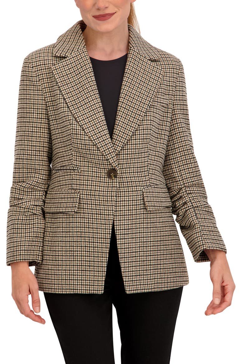 Houndstooth Ruched Sleeve Blazer, Alternate, color, CAMEL/ BROWN/ BLACK