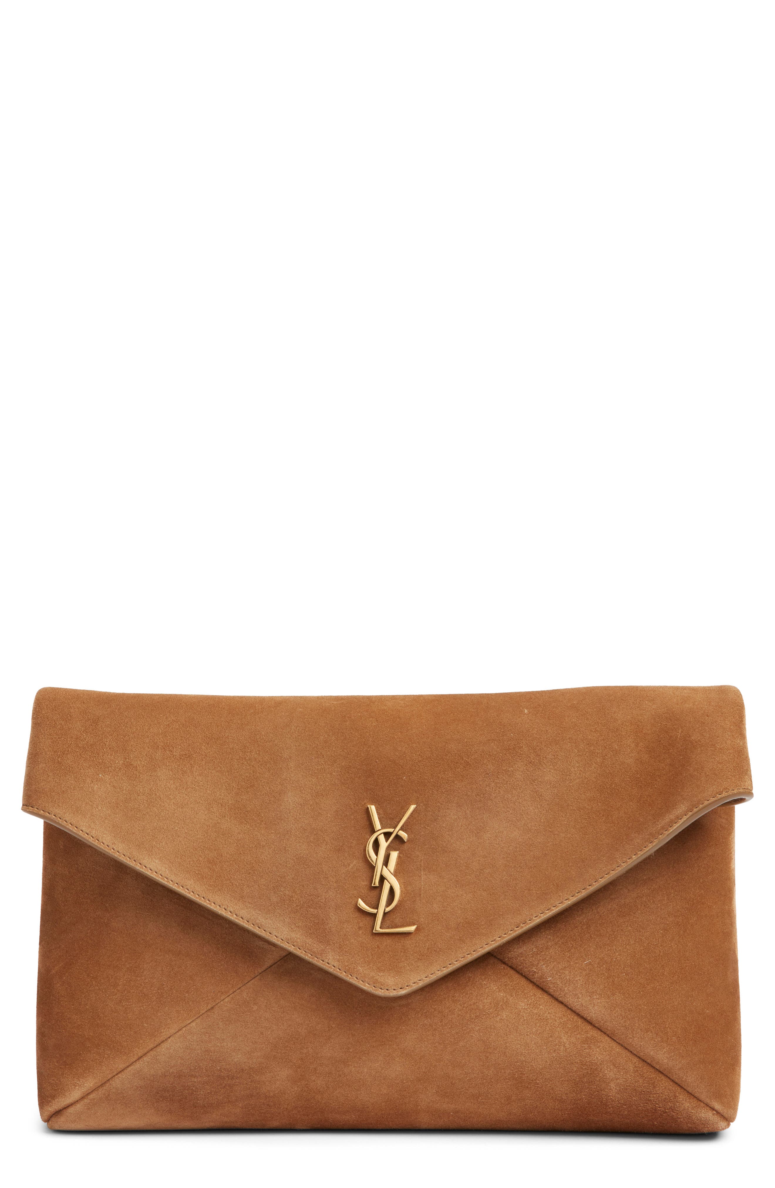 Saint Laurent Large Cassandre Suede Envelope Clutch, Main, color, Golden Leaf