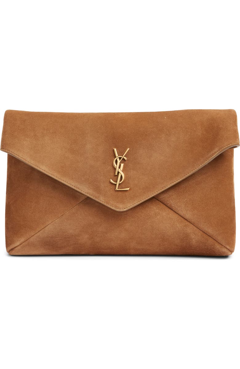 Saint Laurent Large Cassandre Suede Envelope Clutch, Main, color, Golden Leaf