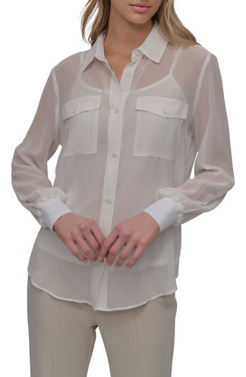Dkny Chiffon Button-up Shirt In White
